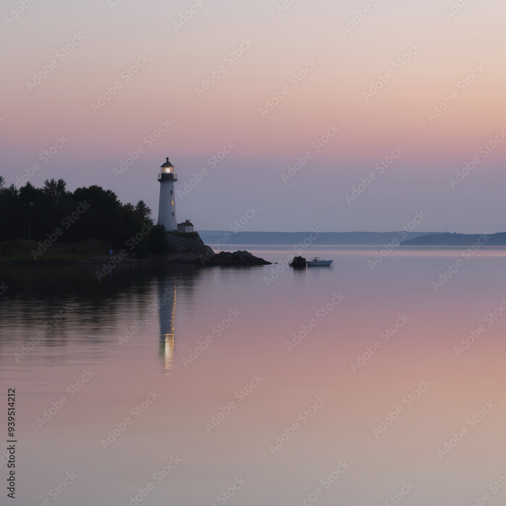 Tranquil lighthouse reflection at sunrise on calm waters Tranquil lighthouse reflection at sunrise on calm waters