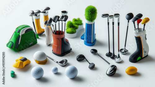 A collection of various golf equipment including clubs, balls, and accessories presented on a clean white background. photo