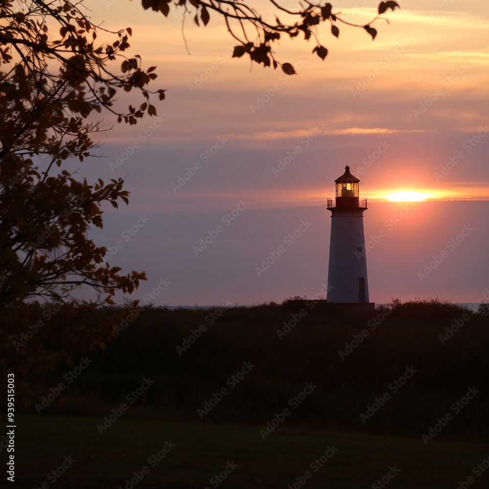 Sunset lighthouse with warm glow and autumn trees Sunset lighthouse with warm glow and autumn trees