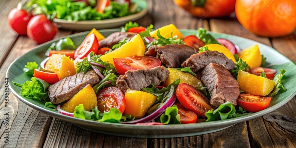 Delicious homemade salad with beef, oranges, tomatoes, and melon , fresh, healthy, colorful, appetizing, organic, ingredients Delicious homemade salad with beef, oranges, tomatoes, and melon , fresh, healthy, colorful, appetizing, organic, ingredients