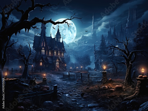 Fantastic Scary pumpkins in the cemetery halloween background