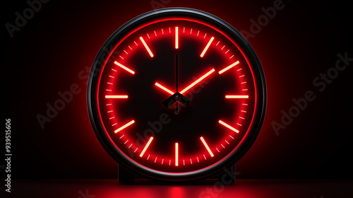 Neon red clock with a classic round face, bright red neon glow, dark background. 