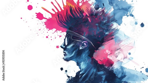 A creative and vibrant digital portrait showcasing a man with spiky hair and sunglasses splashed with colorful paint illustrating bold expression. photo