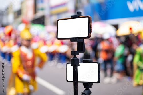 Selective focus, close up of a cellphone doing live streaming