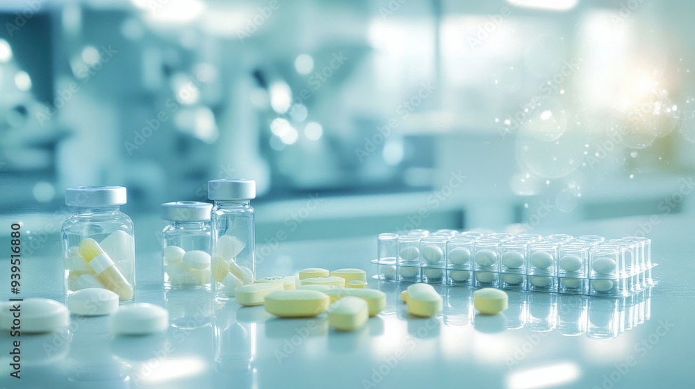 A laboratory scene featuring various pills and vials on a countertop. A laboratory scene featuring various pills and vials on a countertop.