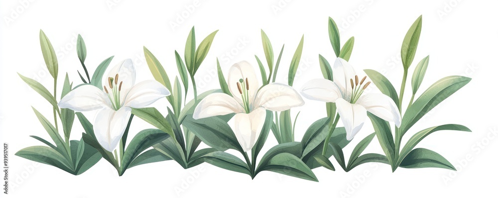 A delicate array of white lilies surrounded by lush green leaves, symbolizing purity and beauty in nature.