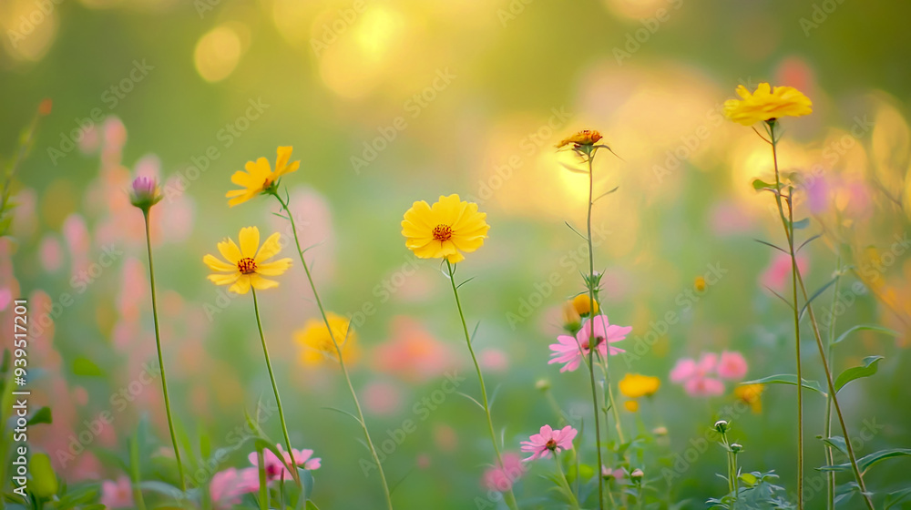 A blurry background of wildflowers, with yellow and pink blossoms in the foreground. A blurry background of wildflowers, with yellow and pink blossoms in the foreground.
