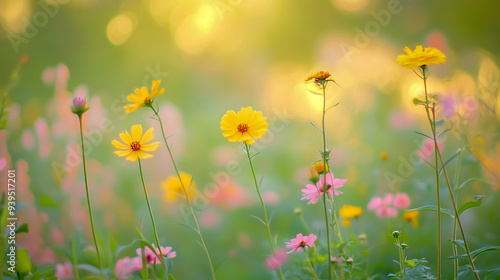 A blurry background of wildflowers, with yellow and pink blossoms in the foreground.