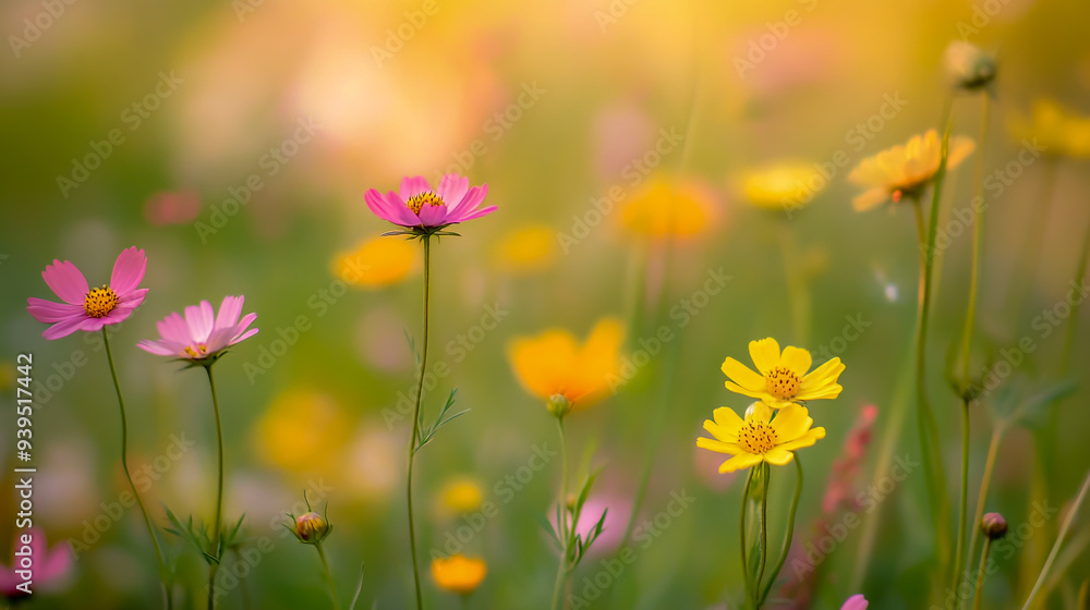 A blurry background of wildflowers, with yellow and pink blossoms in the foreground. A blurry background of wildflowers, with yellow and pink blossoms in the foreground.