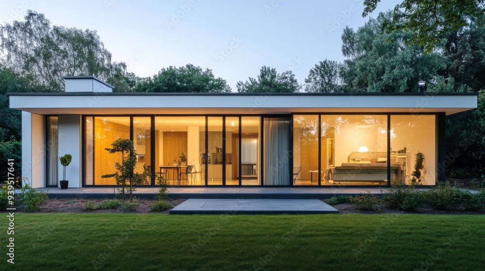 Wide view of a minimalist home exterior with clean lines, large glass windows, and a simple, modern design Wide view of a minimalist home exterior with clean lines, large glass windows, and a simple, modern design