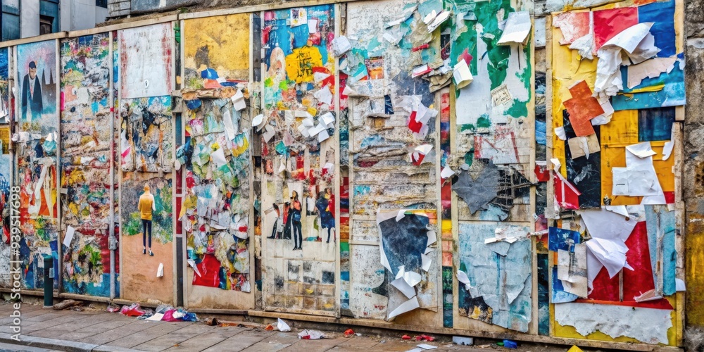 Obraz premium Torn street advertisement posters collage background , urban, grunge, texture, creased, crumpled, ripped, paper, backdrop