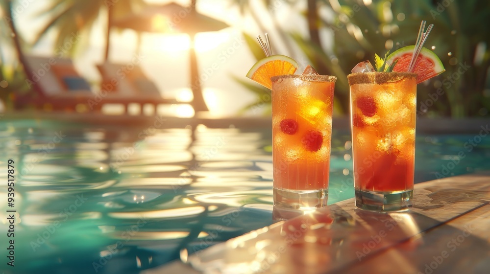 Vibrant tropical drinks with fruit garnishes by a tranquil resort pool under the summer sun Vibrant tropical drinks with fruit garnishes by a tranquil resort pool under the summer sun