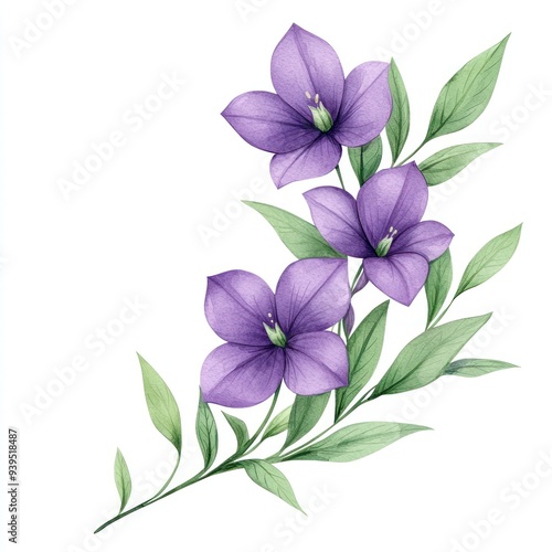 Beautiful illustration of purple flowers with green leaves, perfect for spring-themed designs and floral decorations.