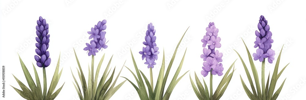 Obraz premium Beautiful lavender flowers arranged in a row, showcasing vibrant purple hues and lush green leaves on a clean white background.