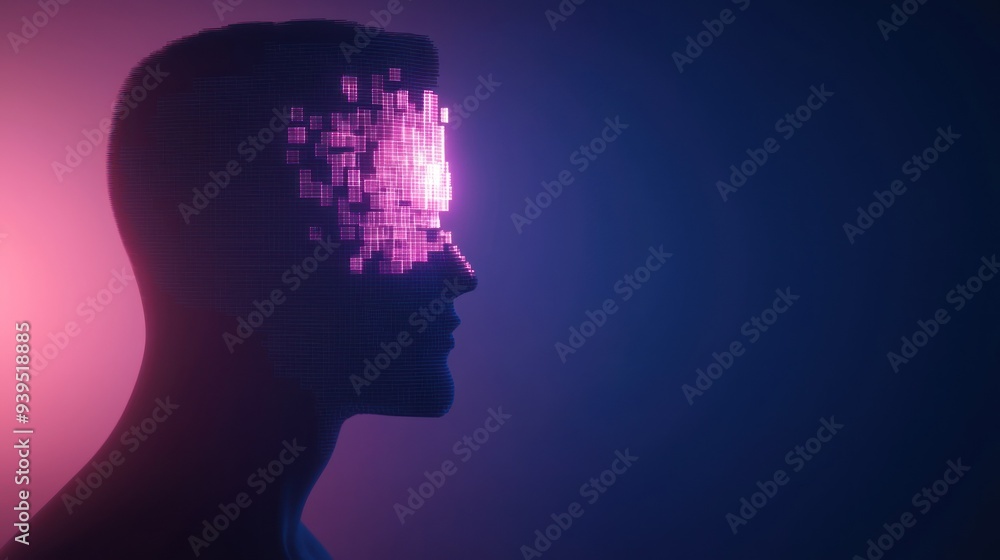 Abstract digital figure with a pixelated head, illustrating the fusion of technology and humanity in a futuristic setting. Abstract digital figure with a pixelated head, illustrating the fusion of technology and humanity in a futuristic setting.