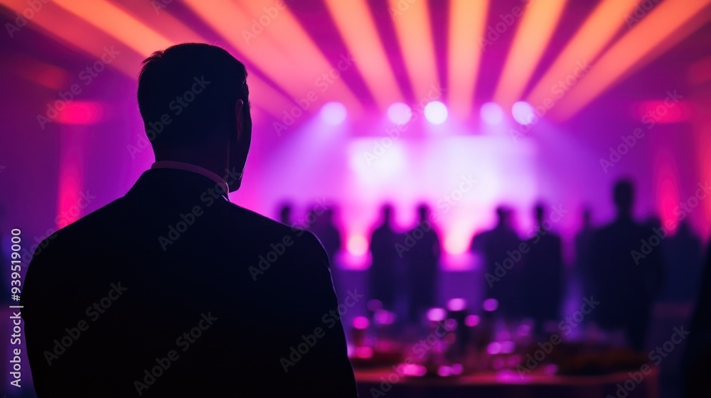 A silhouetted figure stands against vibrant lighting at a social event, creating an atmosphere of intrigue and excitement. A silhouetted figure stands against vibrant lighting at a social event, creating an atmosphere of intrigue and excitement.