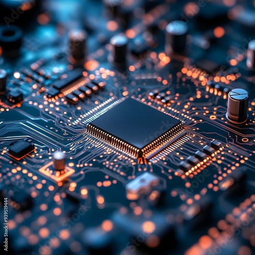 A close-up shot of a microchip circuit board, illustrating intricate details, technology