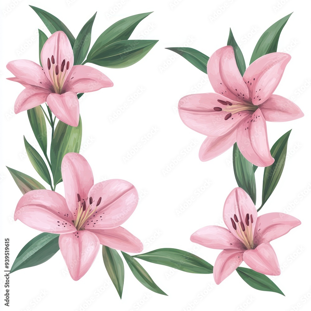 Beautiful pink lilies surrounded by green leaves, perfect for floral designs and nature-themed projects. Beautiful pink lilies surrounded by green leaves, perfect for floral designs and nature-themed projects.
