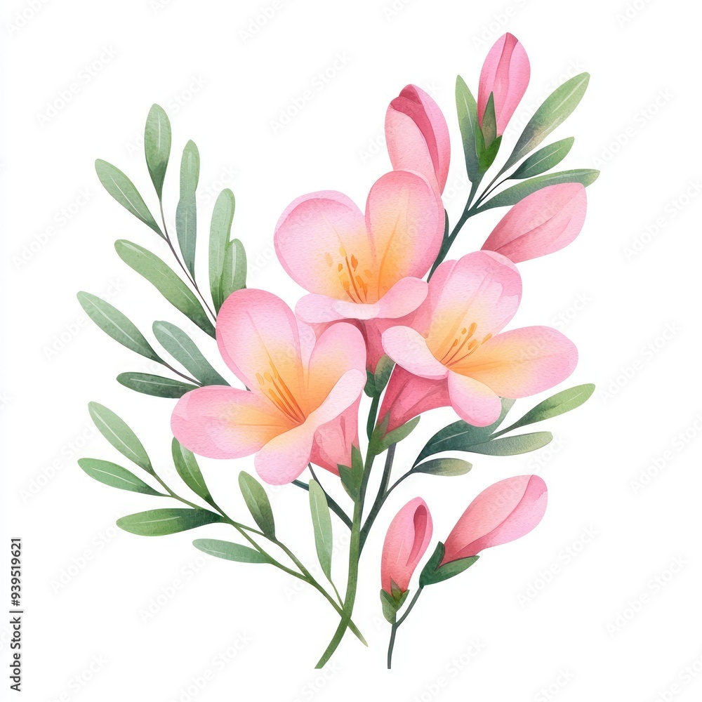 A delicate arrangement of pink flowers with lush green leaves, perfect for spring and floral design themes. A delicate arrangement of pink flowers with lush green leaves, perfect for spring and floral design themes.