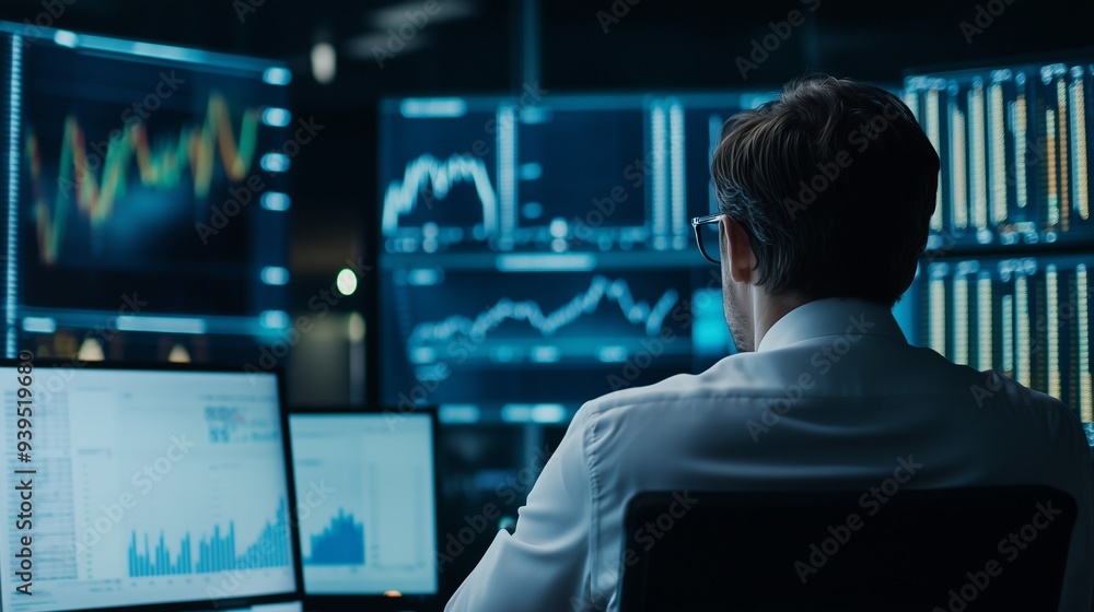 A financial analyst studies financial charts and tables. Financier's Day. Securities Market. A financial analyst studies financial charts and tables. Financier's Day. Securities Market.