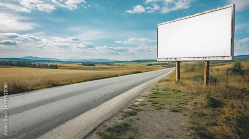 blank white billboard mockup along a quiet rural road surrounded by open fields, distant hills, and a peaceful countryside setting