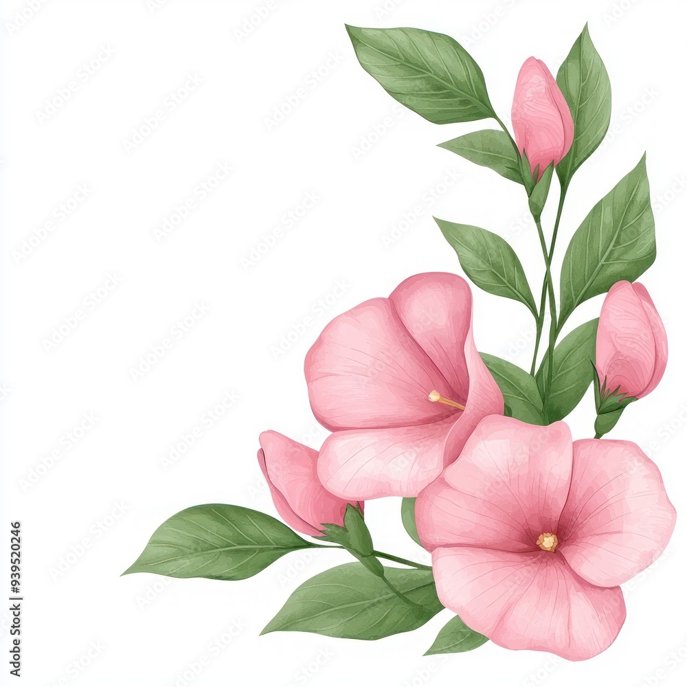 Delicate pink flowers with lush green leaves, perfect for adding a touch of elegance and nature to any design. Delicate pink flowers with lush green leaves, perfect for adding a touch of elegance and nature to any design.