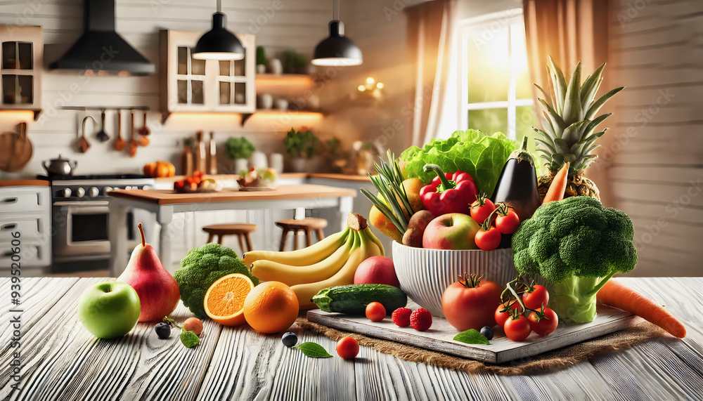 Vibrant and Fresh Bounty of Organic Fruits and Vegetables Displayed in a Beautiful Kitchen Scene with Natural Light Enhancing the Colors Vibrant and Fresh Bounty of Organic Fruits and Vegetables Displayed in a Beautiful Kitchen Scene with Natural Light Enhancing the Colors