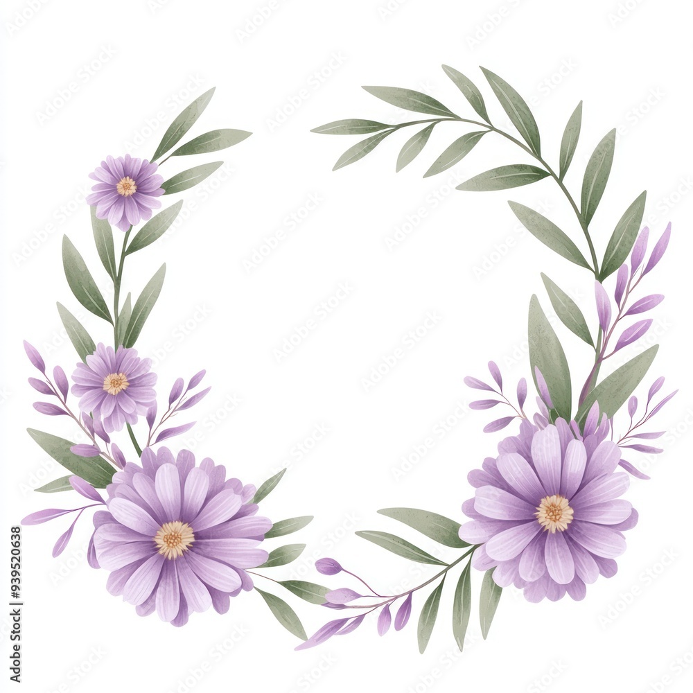 Obraz premium A beautiful floral wreath featuring delicate purple flowers and green leaves, perfect for invitations or home decor.