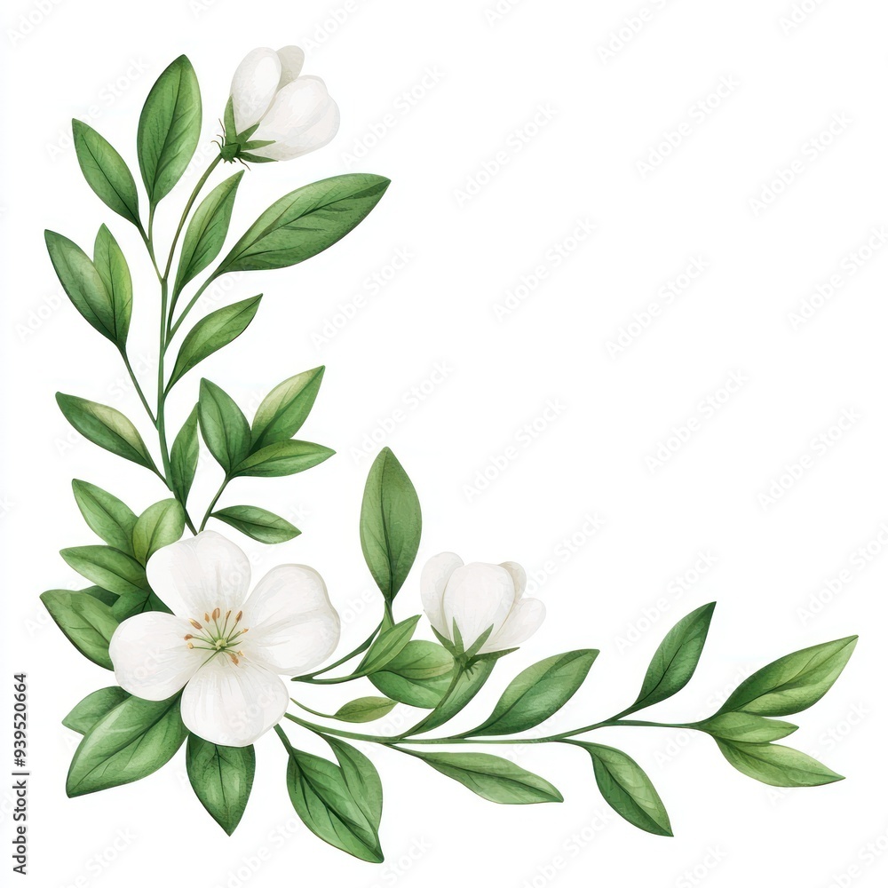Elegant floral corner design with white flowers and green leaves, perfect for invitations or decorative elements. Elegant floral corner design with white flowers and green leaves, perfect for invitations or decorative elements.