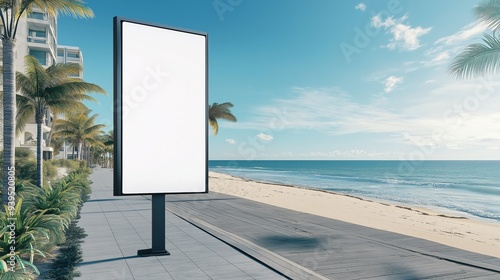 vertical blank white billboard mockup along a beach boardwalk with the ocean, sandy shore, and palm trees in the distance