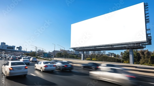 large blank white billboard mockup towering over a busy highway with cars zooming past and a clear blue sky as the backdrop