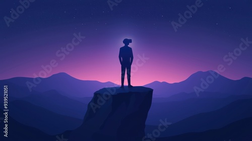 A solitary figure stands on a rocky peak, exploring virtual reality against a stunning twilight backdrop.