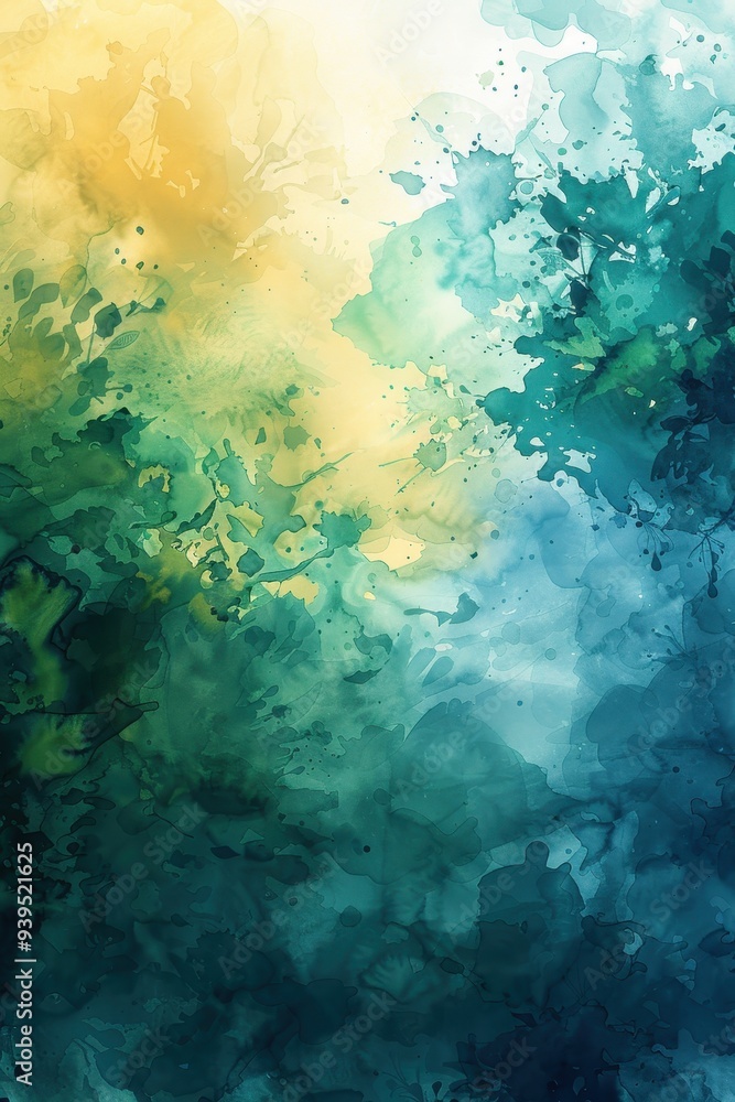 Fototapeta premium Serene Summer Vibes - Abstract Watercolor Blend of Blue Green and Yellow Splashes