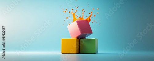 Abstract cubes with a splash of color, with one cube bursting open to reveal light, representing the birth of an idea. photo