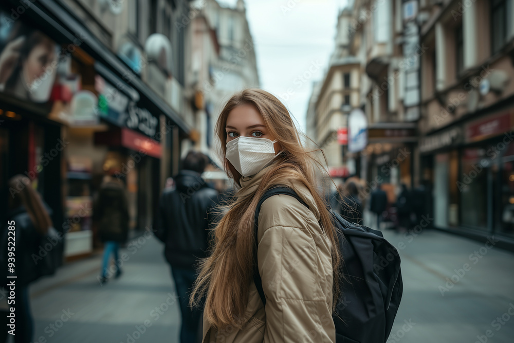 Fototapeta premium Long-Haired European or American tourist Wearing a Protective Mask on the Street in the Autumn