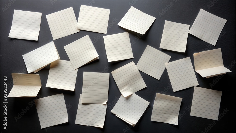Pieces of note paper scattered on black background, note, paper, black, background, memo, reminder Pieces of note paper scattered on black background, note, paper, black, background, memo, reminder