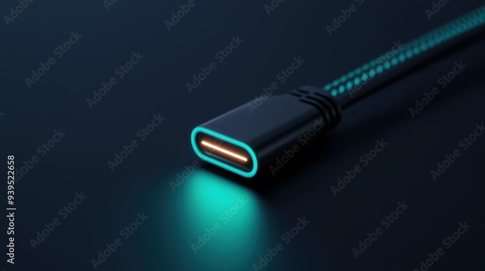 A close-up view of a modern USB-C cable with a glowing connector against a dark background, highlighting its sleek design and technology. A close-up view of a modern USB-C cable with a glowing connector against a dark background, highlighting its sleek design and technology.
