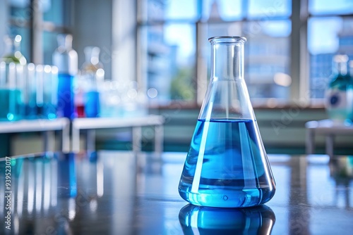  A close-up of an Erlenmeyer flask filled with blue liquid in a bright, modern laboratory setting. Suitable for depicting scientific research, chemistry, and educational materials.