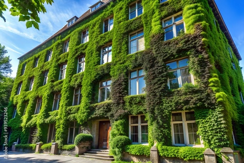 A tall building with walls covered in vibrant green ivy, showcasing a blend of urban and natural elements. Perfect for topics related to green architecture, sustainable design, and environmental integ