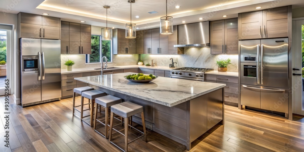 Modern kitchen interior with sleek stainless steel appliances and marble countertops, modern, kitchen Modern kitchen interior with sleek stainless steel appliances and marble countertops, modern, kitchen