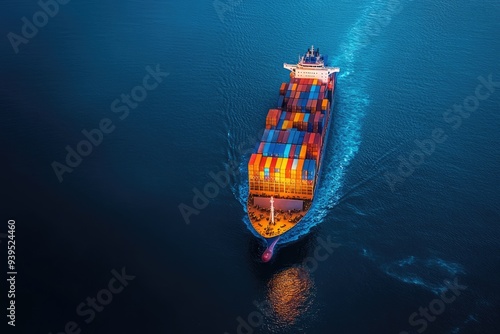 Container Ship Sailing at Night on Deep Blue Waters