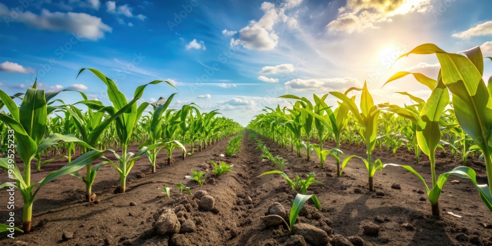 Low angle view of a lush corn seedlings plantation field, agriculture, farming, rural Low angle view of a lush corn seedlings plantation field, agriculture, farming, rural