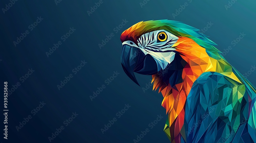 Fototapeta premium Geometric Parrot Portrait - Low-Poly Design with Turquoise and Coral Colors on Deep Blue Background