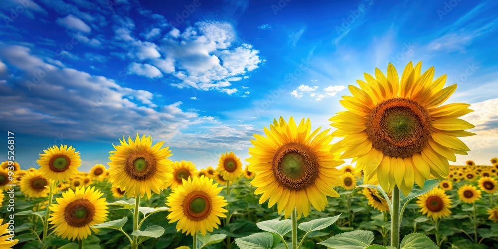 Fototapeta premium Blue sky background with vibrant sunflowers blooming in a field, blue sky, sunflower, vibrant, blooming, field, nature, sunny