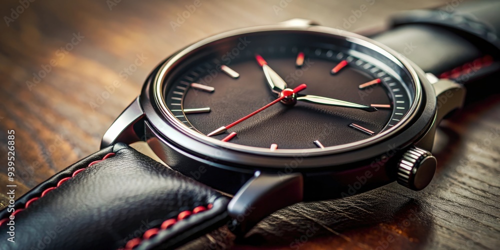 Fototapeta premium Closeup macro of black wrist watch with red pointer, leather straps, and blurred background, black, wrist watch