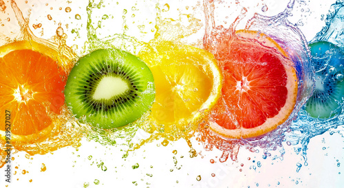 A colorful splash of water with fruit slices, including orange, grapefruit, and kiwi photo