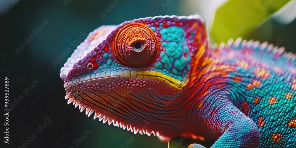 Obraz premium Close-up of a colorful chameleon's face.