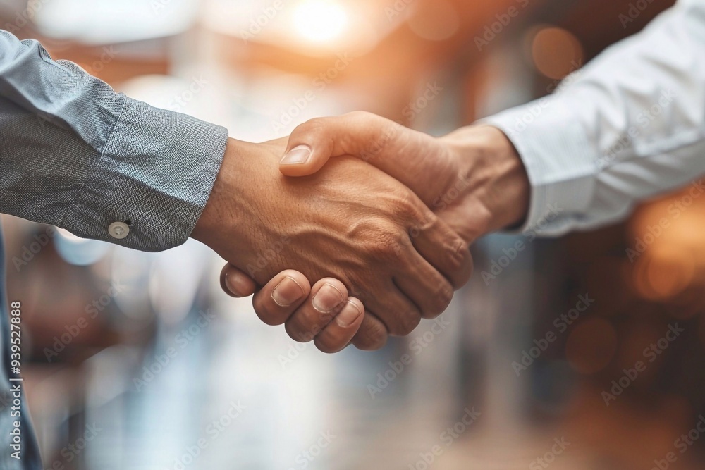 A professional scene depicting two business partners engaged in a firm handshake, symbolizing the successful completion of a deal. The setting is a modern office with large windows allowing natural li A professional scene depicting two business partners engaged in a firm handshake, symbolizing the successful completion of a deal. The setting is a modern office with large windows allowing natural li