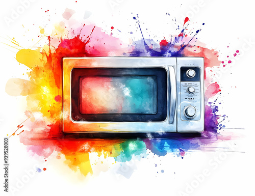 Wallpaper Mural A vibrant watercolor illustration of a microwave, blending bright colors with a modern kitchen appliance theme. Torontodigital.ca