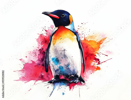 A vibrant watercolor illustration of a penguin, showcasing colorful splashes and artistic detail. photo